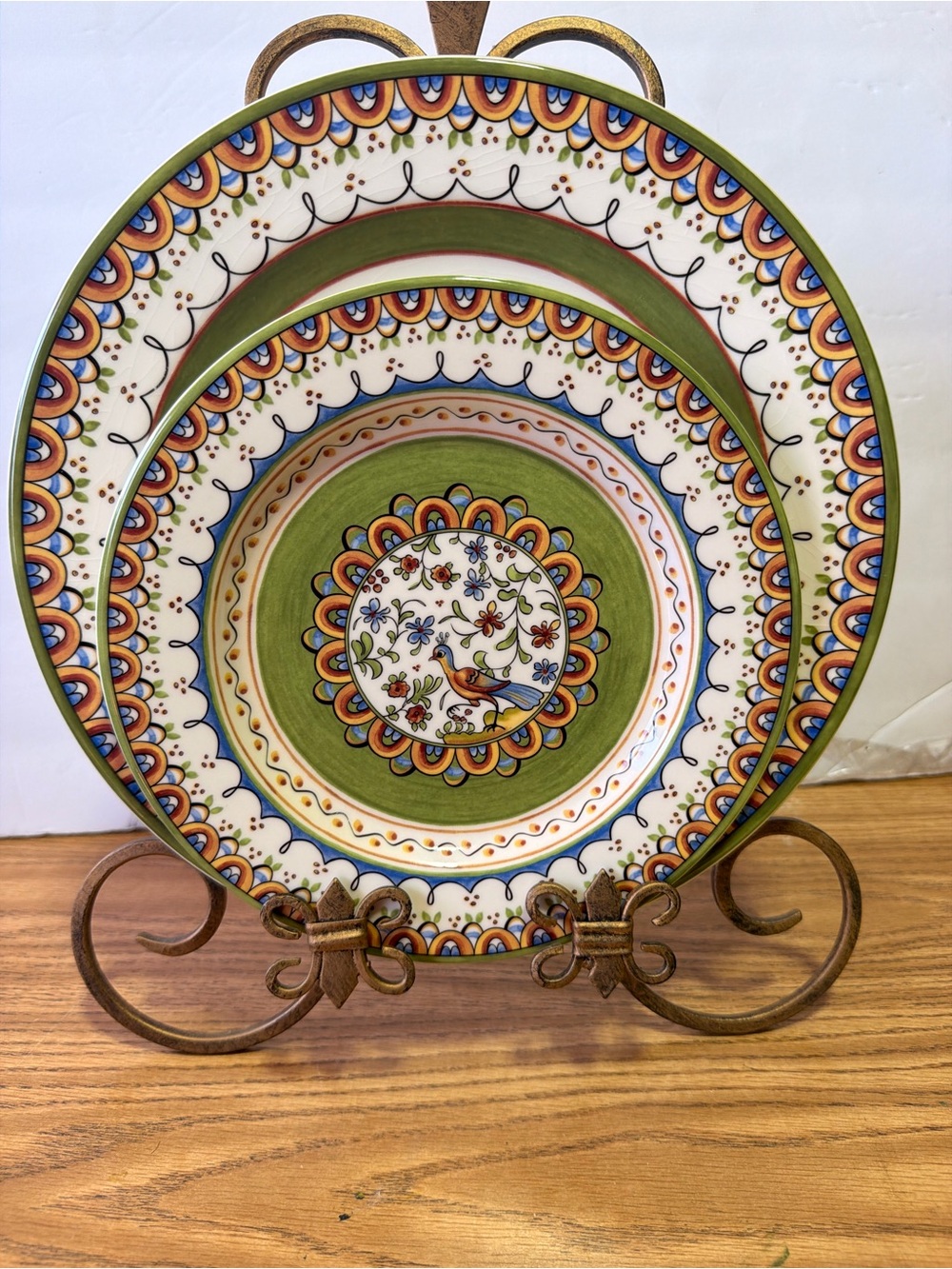 2- World Market PASSARO BIRD 1-Salad and one Dinner Plate Floral Green Blue